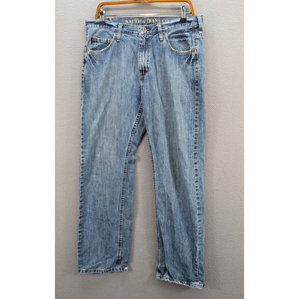 Y2K Nautica Jeans Co Low Loose Denim Jeans Men's 33x32 Blue Studded Cuff Mexico‎